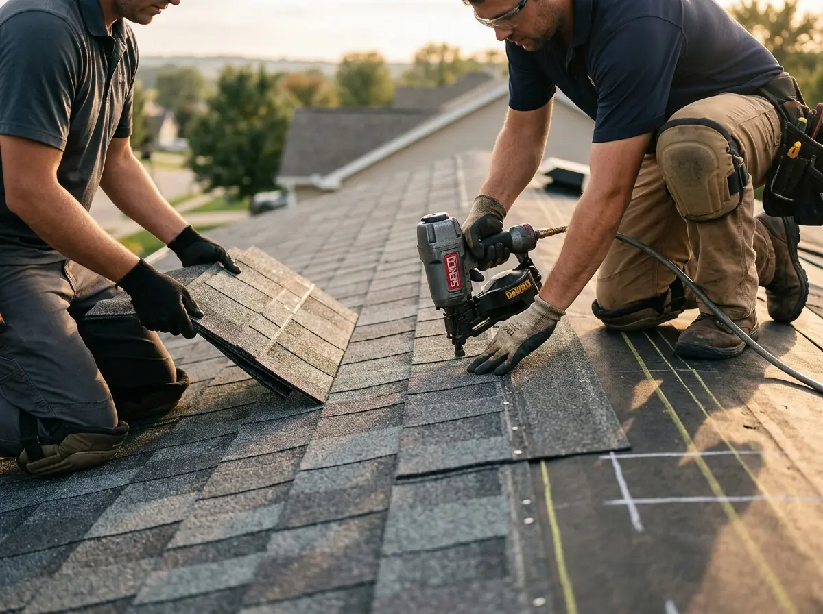 Professional roofer working on a residential roof in Whitestown